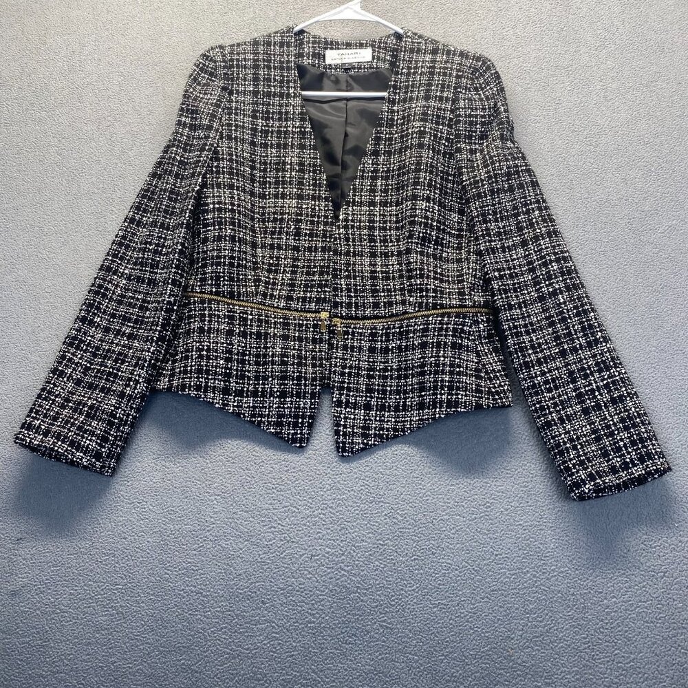 Tahari Womens Crop Blazer Open Front  Black/ White Size 10 Lined